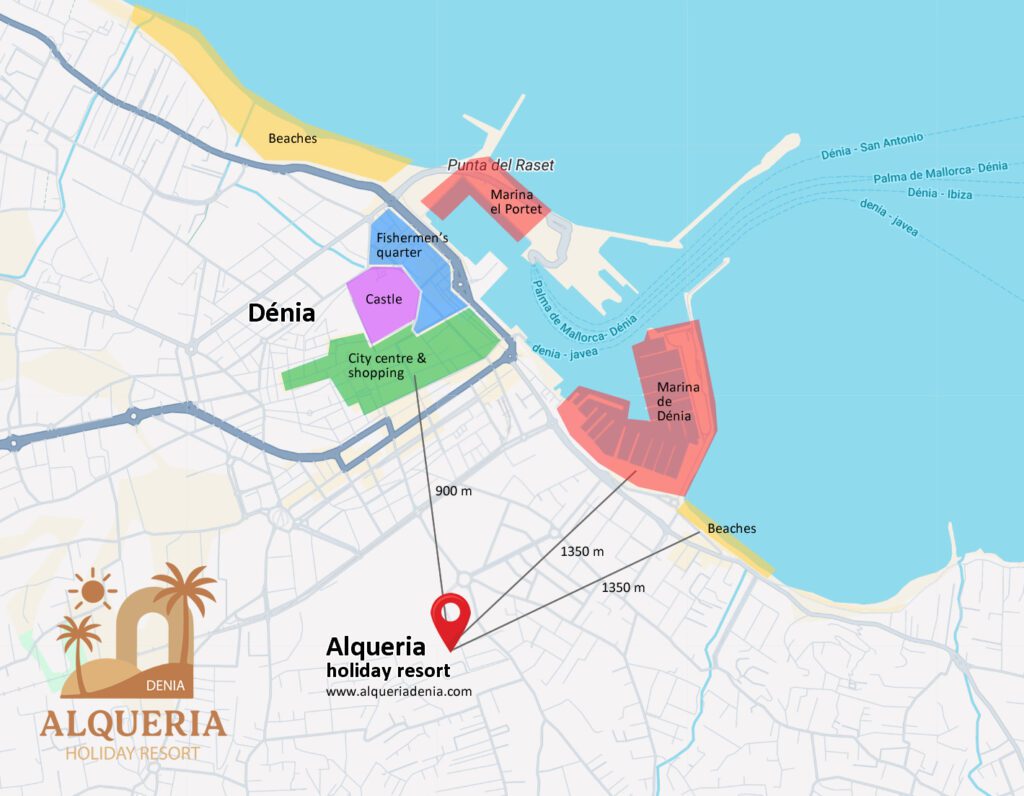 Map Dénia city centre, castle, marina, alqueria apartments and beachtes